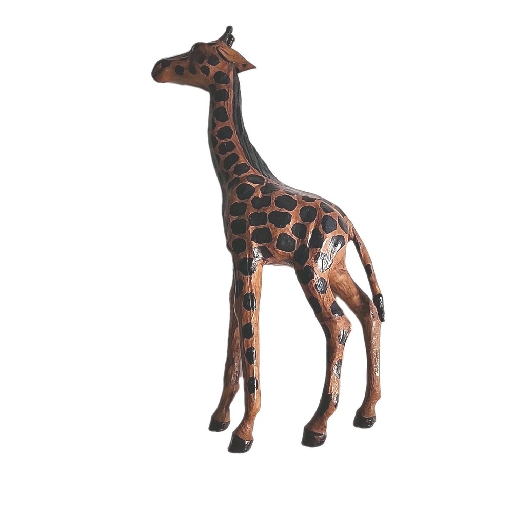 Vintage African Giraffe Sculpture Hand-Painted Leather Wrapped 15" Glass Eyes - Picture 2 of 10